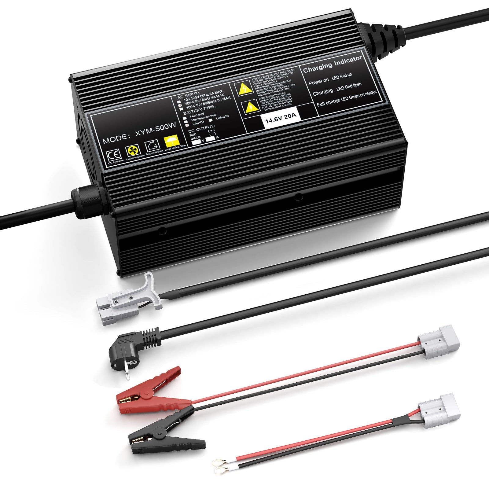 12 V 20 A LiFePO4-akkulaturi, latausjännite 14,6 V, 0 V BMS-aktivointi, Andersonin 50 A:n pikalatausliittimellä