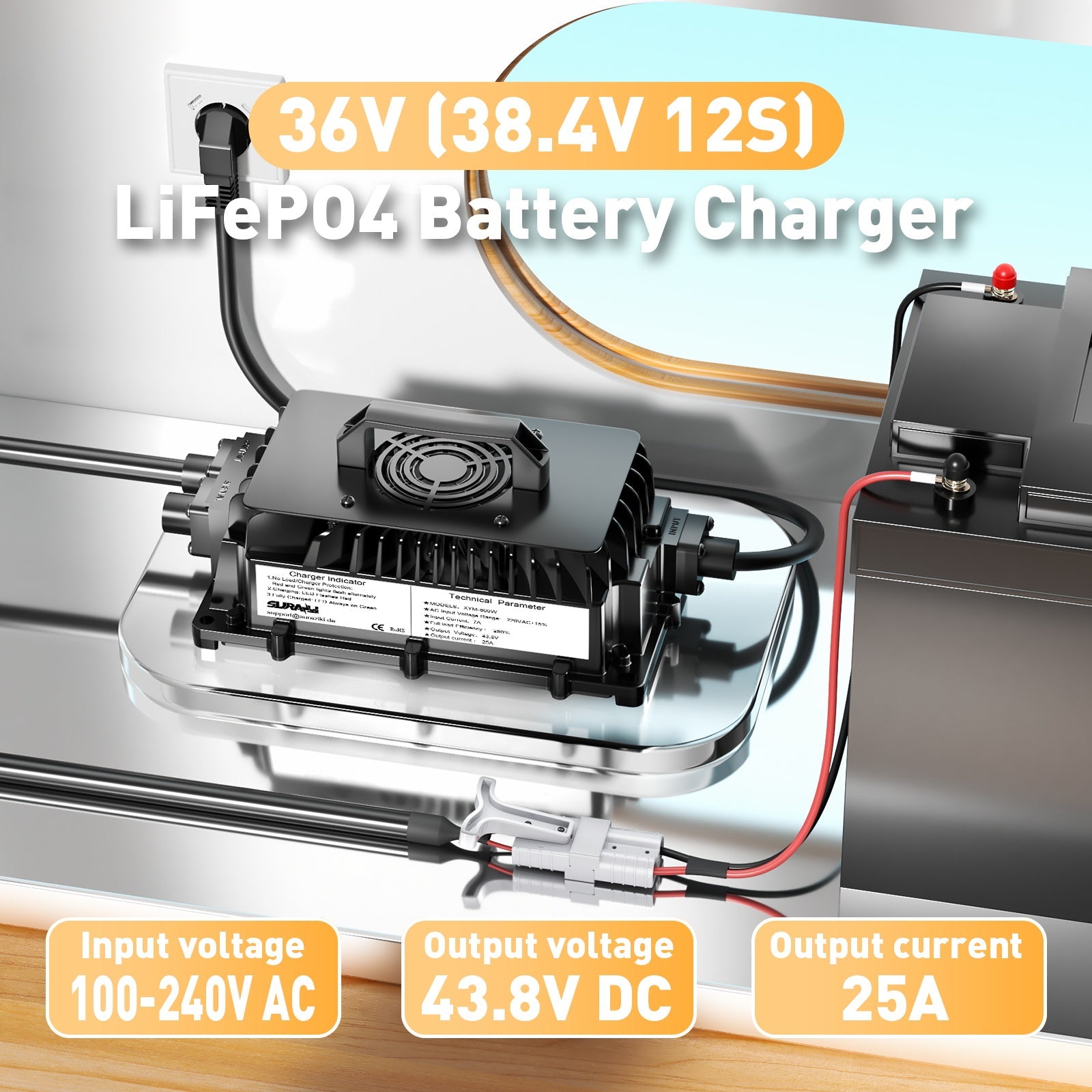 Suraziki 36V(38.4V 12S) LiFePO4-Batterieladegerät, 43,8 V 25 A wasserdichtes Lithium-Ladegerät, 0 V BMS-Aktivierung, für Golfwagen, Trolling-Motor