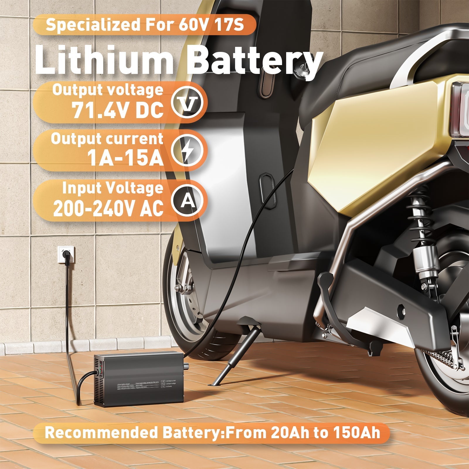 Suraziki 71.4V 1-15A Current Adjustable Lithium Battery Charger for 17S 62.9V Li-Ion/Ternary Lithium/Polymer Batteries, Ebike Scooter Battery Charger