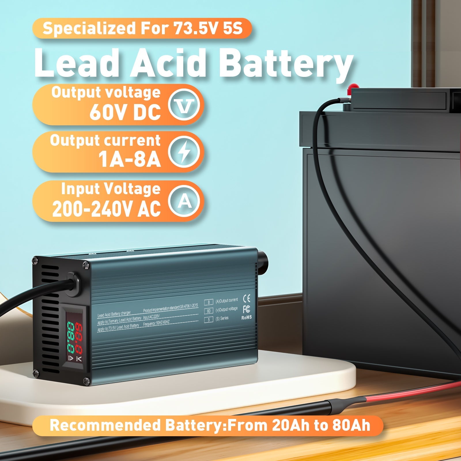 Suraziki 60 V 1–8 A Strom einstellbares Batterieladegerät, funktioniert mit allen Blei-Säure-Batterien (geflutet, versiegelt, AGM, Gel), LCD-Display, Kühlventilatoren, Gehäuse aus Aluminiumlegierung