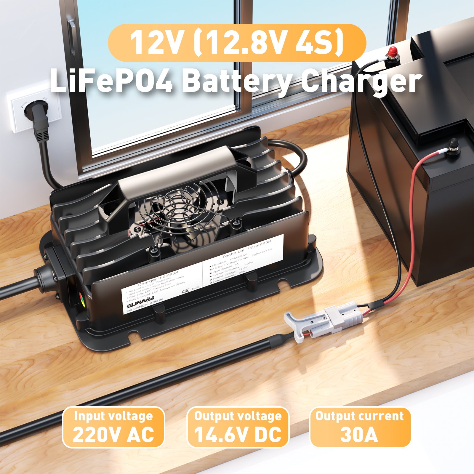 Suraziki 12-V-LiFePO4-Batterieladegerät, 14,6 V, 30 A, wasserdichtes Lithium-Ladegerät, 0-V-BMS-Aktivierung