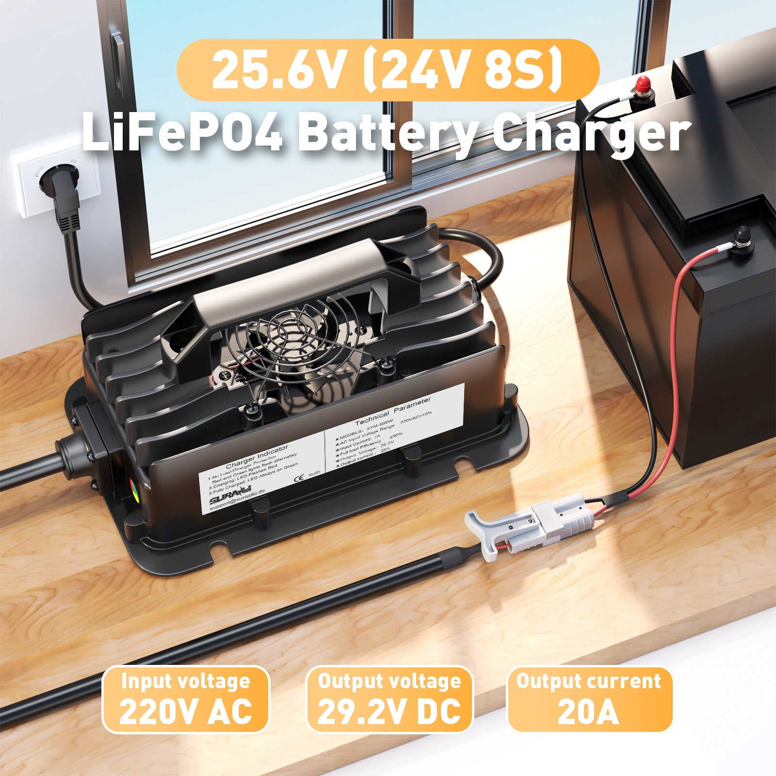 Suraziki 24-V-LiFePO4-Batterieladegerät, 29,2 V, 20 A, wasserdichtes Lithium-Ladegerät mit 0-V-BMS-Aktivierung
