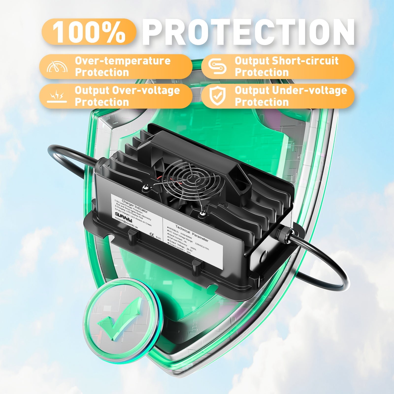 Suraziki 24-V-LiFePO4-Batterieladegerät, 29,2 V, 20 A, wasserdichtes Lithium-Ladegerät mit 0-V-BMS-Aktivierung