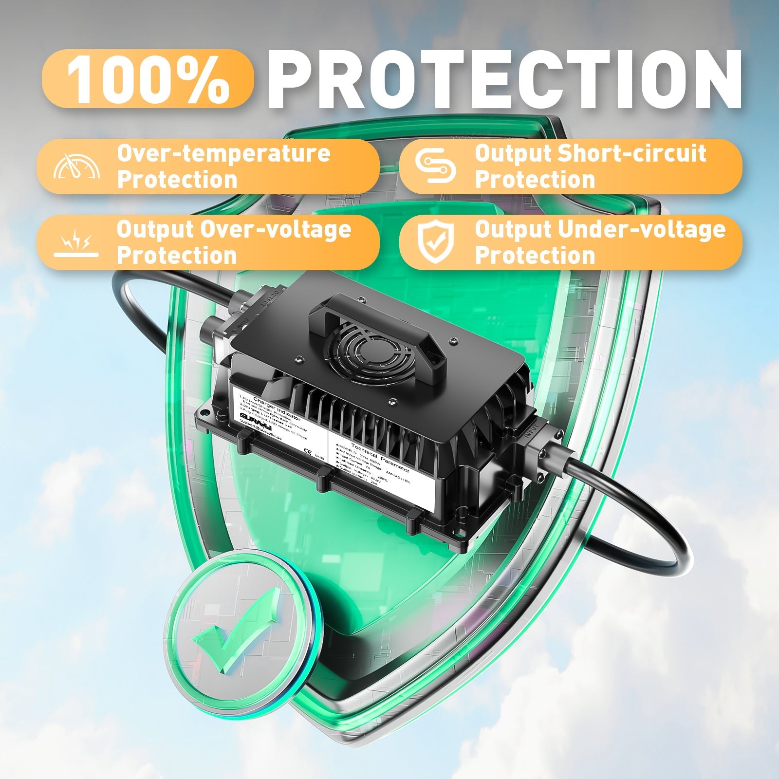 Suraziki 36V(38.4V 12S) LiFePO4-Batterieladegerät, 43,8 V 25 A wasserdichtes Lithium-Ladegerät, 0 V BMS-Aktivierung, für Golfwagen, Trolling-Motor
