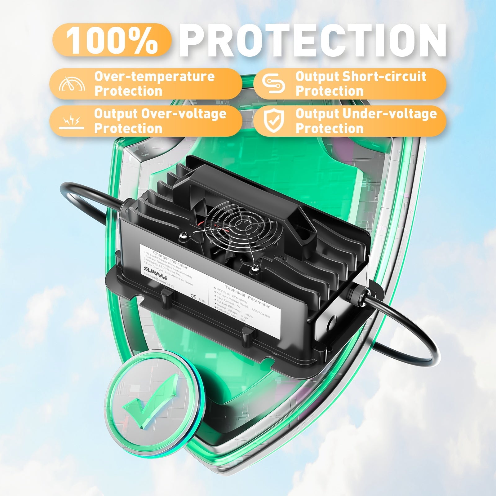 Suraziki 12-V-LiFePO4-Batterieladegerät, 14,6 V, 30 A, wasserdichtes Lithium-Ladegerät, 0-V-BMS-Aktivierung