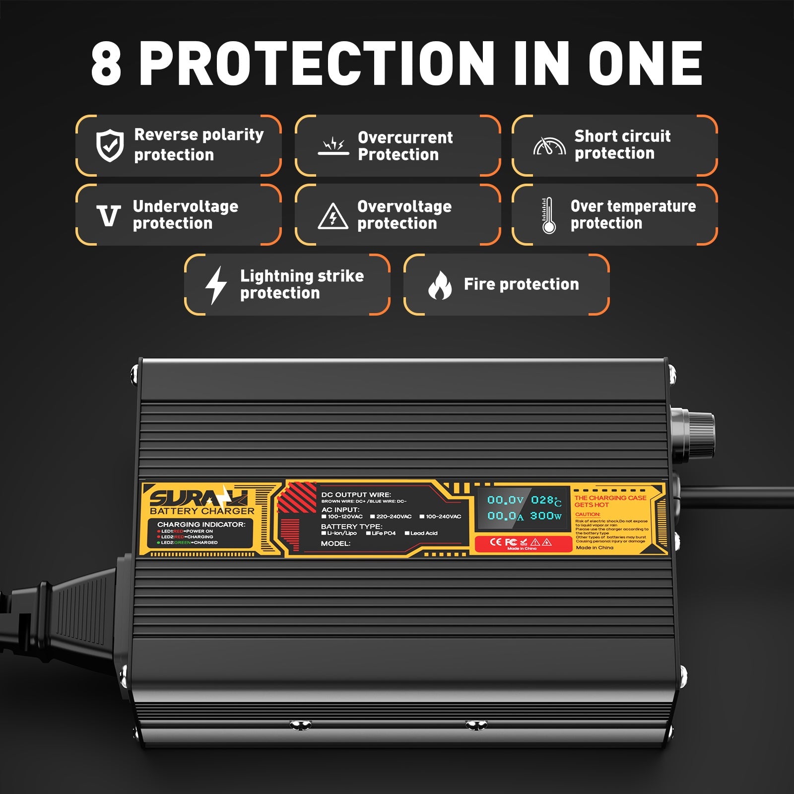 Suraziki Lithium 84 V 2 A Batterieladegerät für 74 V 72 V Lithium-Ionen-Polymerbatterien, LED-Anzeige, vollständiger Schutz, Gehäuse aus Aluminiumlegierung