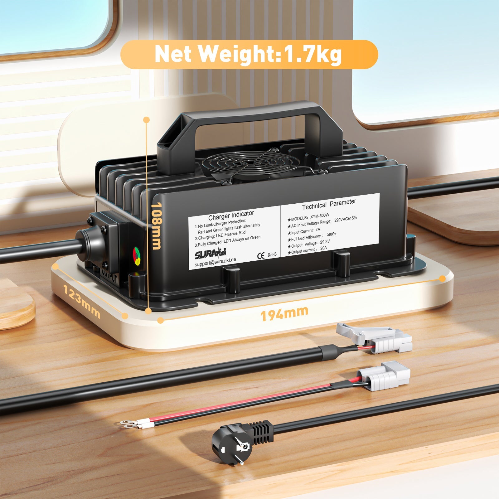 Suraziki 24-V-LiFePO4-Batterieladegerät, 29,2 V, 20 A, wasserdichtes Lithium-Ladegerät mit 0-V-BMS-Aktivierung