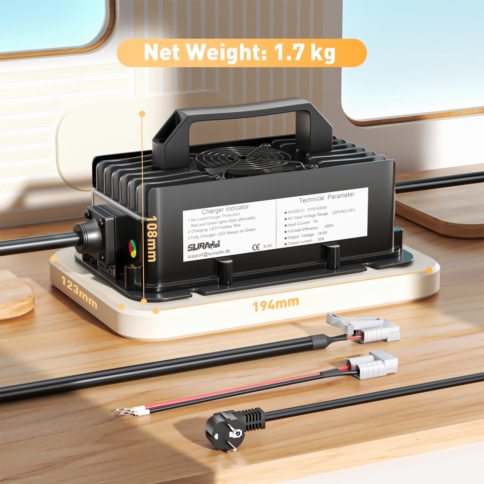 Suraziki 12-V-LiFePO4-Batterieladegerät, 14,6 V, 30 A, wasserdichtes Lithium-Ladegerät, 0-V-BMS-Aktivierung