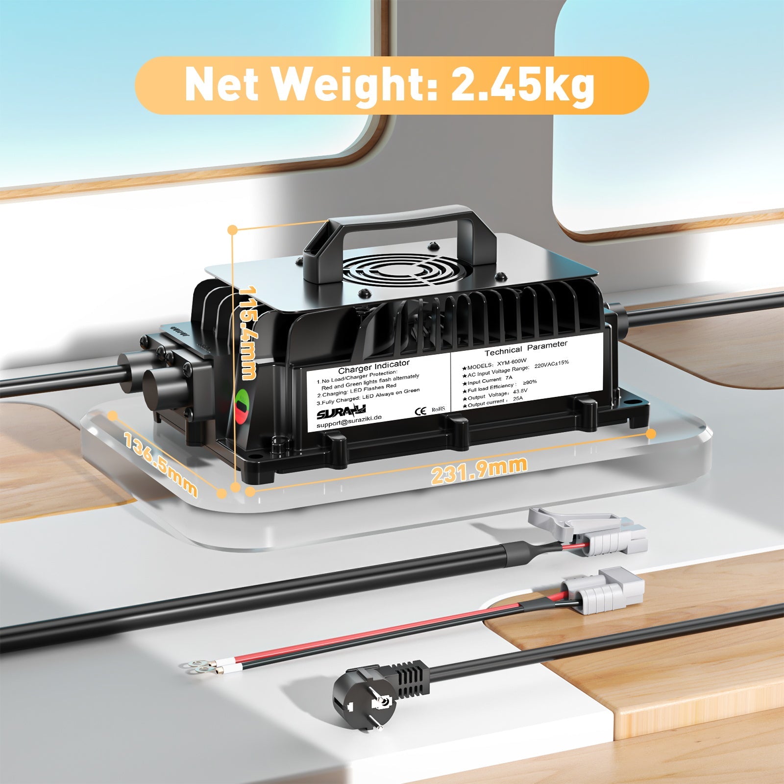 Suraziki 36V(38.4V 12S) LiFePO4-Batterieladegerät, 43,8 V 25 A wasserdichtes Lithium-Ladegerät, 0 V BMS-Aktivierung, für Golfwagen, Trolling-Motor