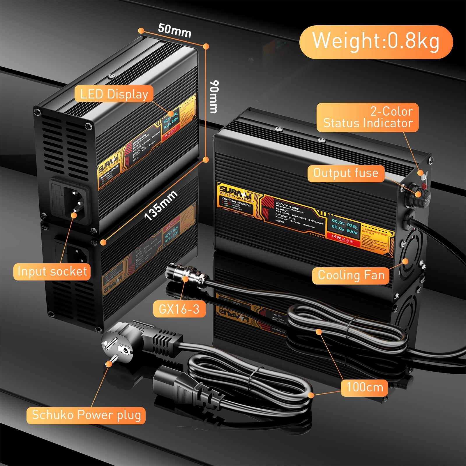 Suraziki LiFePO4 43,8 V 5 A Batterieladegerät für 36 V/38,4 V Lithium-Eisenphosphat-Batterien, LED-Anzeige, vollständiger Schutz