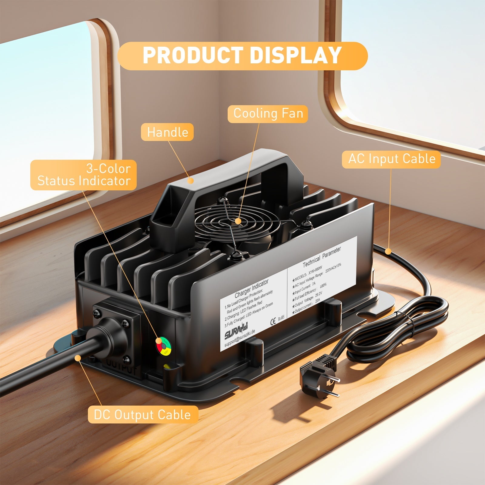 Suraziki 24-V-LiFePO4-Batterieladegerät, 29,2 V, 20 A, wasserdichtes Lithium-Ladegerät mit 0-V-BMS-Aktivierung