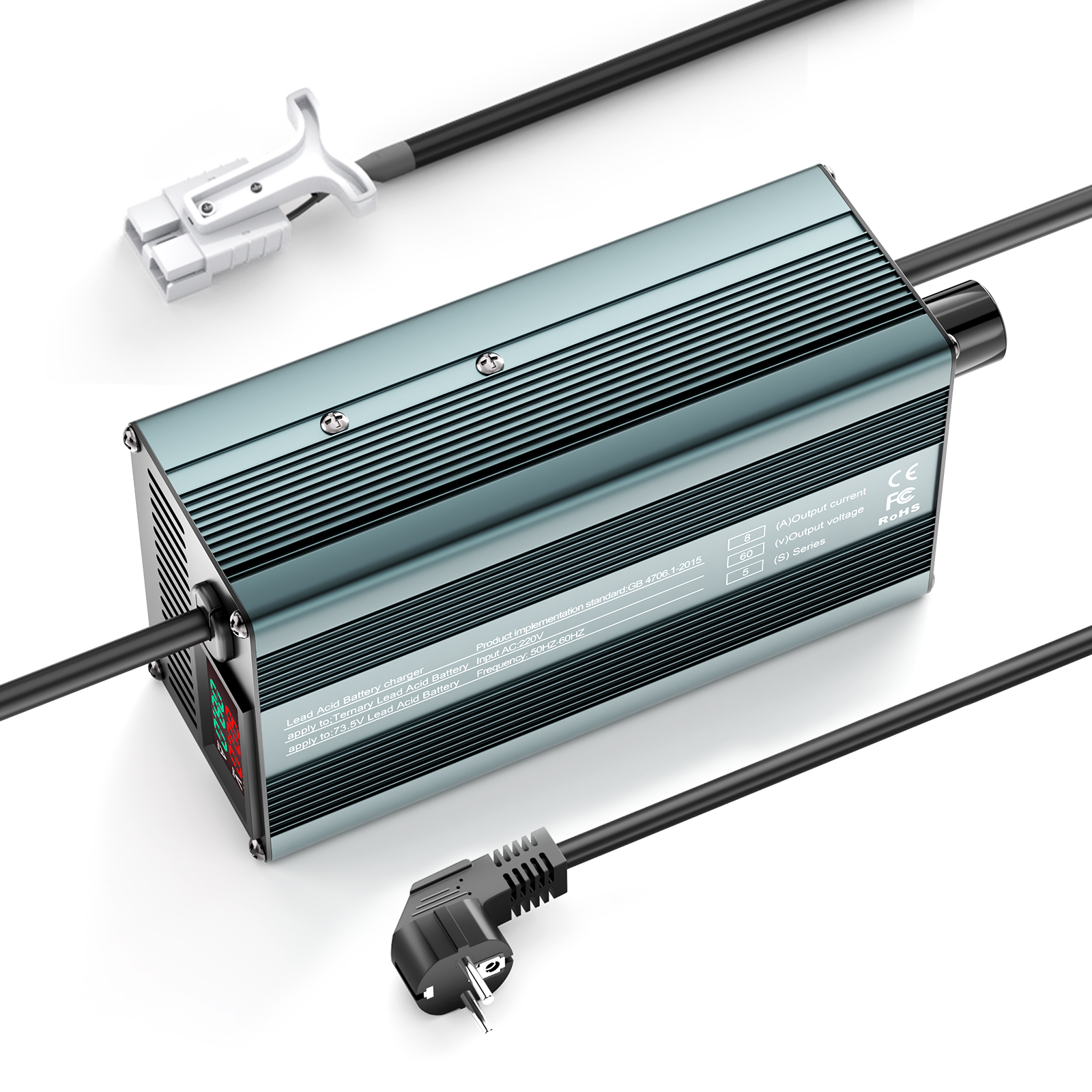 Suraziki 60 V 1–8 A Strom einstellbares Batterieladegerät, funktioniert mit allen Blei-Säure-Batterien (geflutet, versiegelt, AGM, Gel), LCD-Display, Kühlventilatoren, Gehäuse aus Aluminiumlegierung