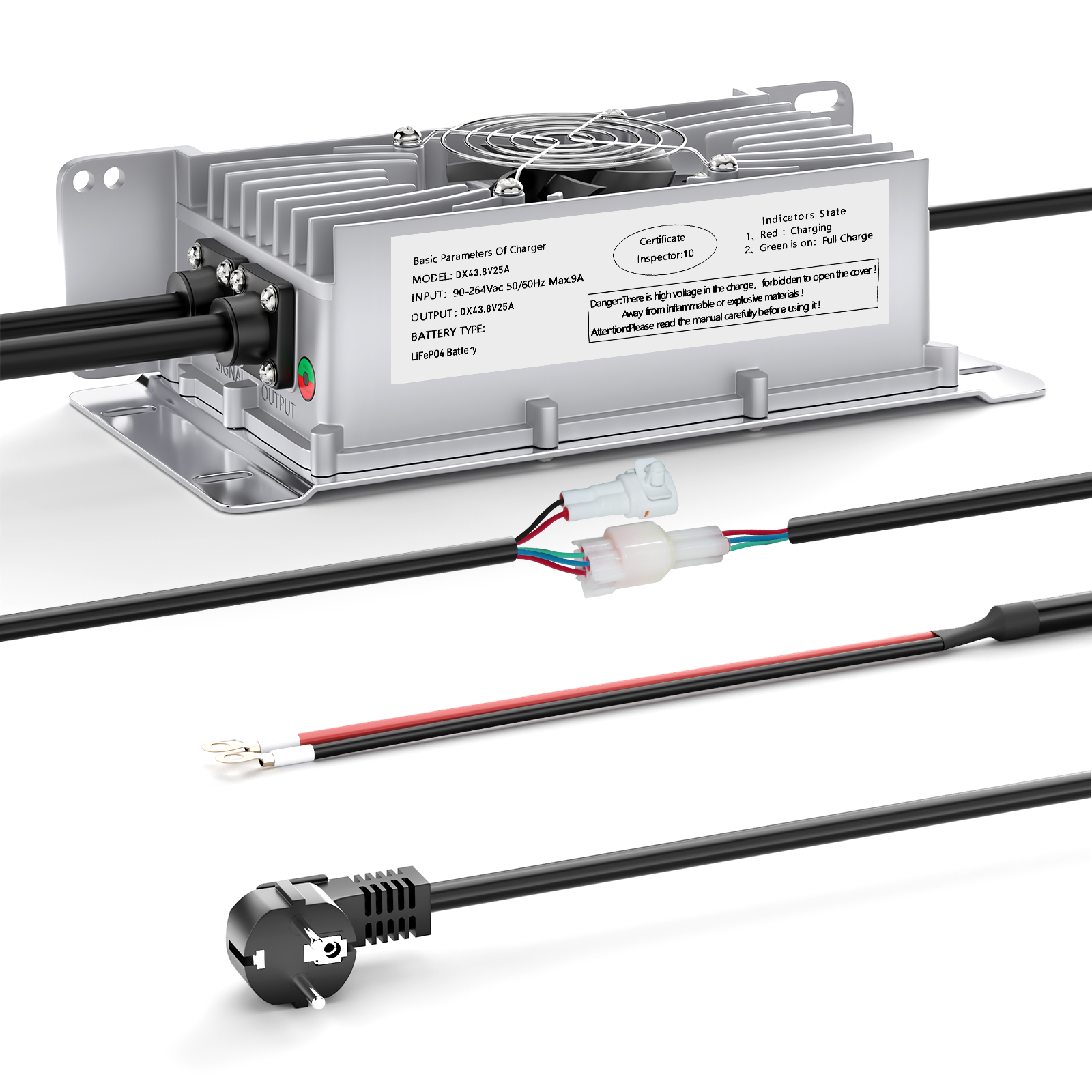 Suraziki 36V 25A litium Lifepo4 -akkulaturi, 43,8 V:n latausjännite 36 V:lle (38,4 V) 12:lleS Akkukäyttöinen, vedenpitävä, 0 V:n BMS-aktivointi, lukittavalla kaapelilla sähköajoneuvoille, sähköpyörille ja golfkärryille
