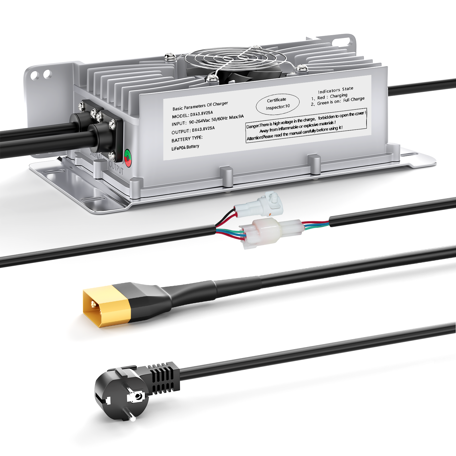 Suraziki 36V 25A litium Lifepo4 -akkulaturi, 43,8 V:n latausjännite 36 V:lle (38,4 V) 12:lleS Akkukäyttöinen, vedenpitävä, 0 V:n BMS-aktivointi, lukittavalla kaapelilla sähköajoneuvoille, sähköpyörille ja golfkärryille