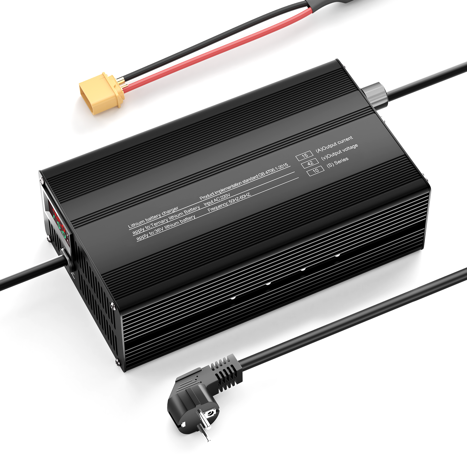 Suraziki 42V 1-15A Stromverstellbares Lithium-Batterieladegerät für 10S 37 V Li-Ionen-/ternäre Lithium-/Polymer-Batterien, E-Bike-Scooter-Batterieladegerät