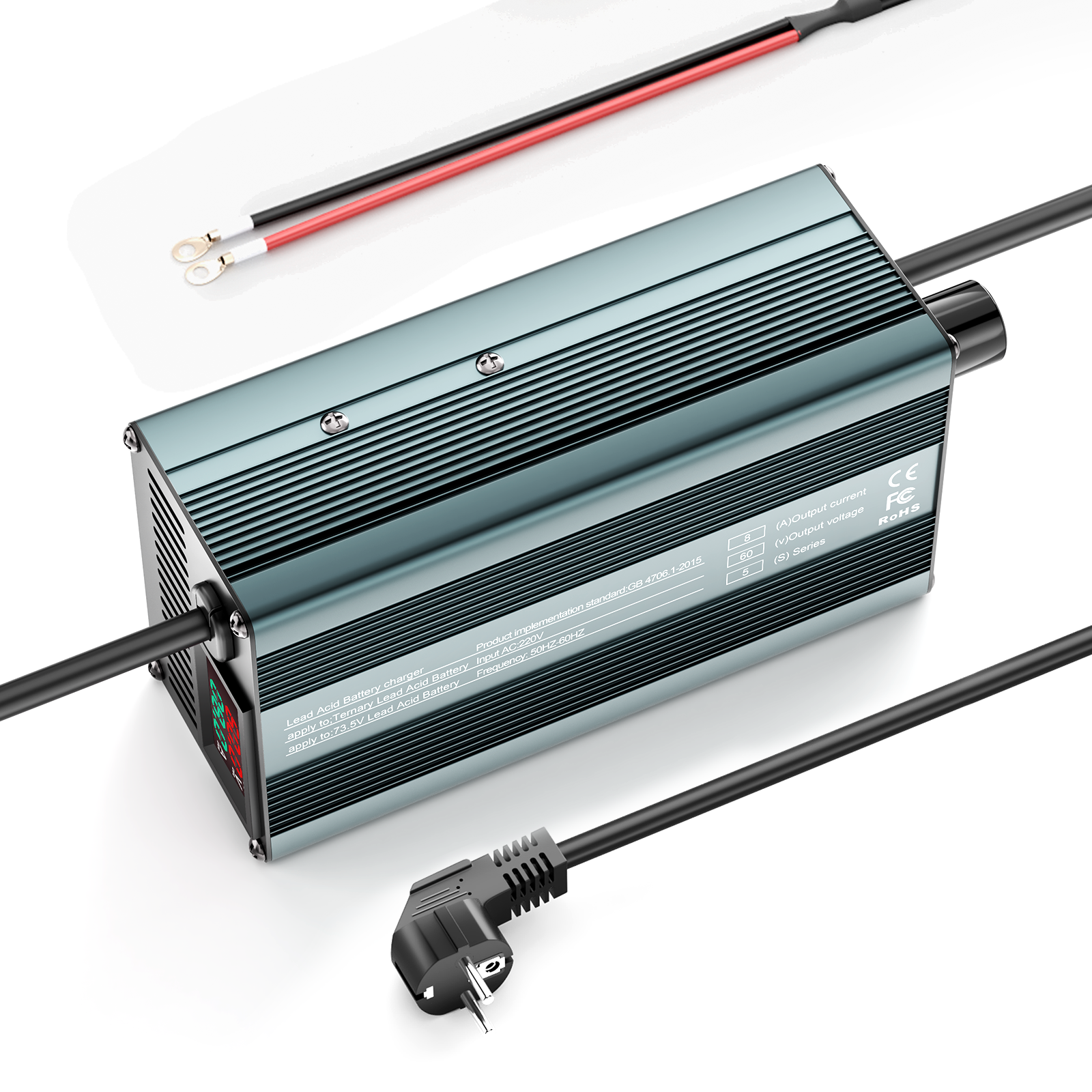 Suraziki 60 V 1–8 A Strom einstellbares Batterieladegerät, funktioniert mit allen Blei-Säure-Batterien (geflutet, versiegelt, AGM, Gel), LCD-Display, Kühlventilatoren, Gehäuse aus Aluminiumlegierung