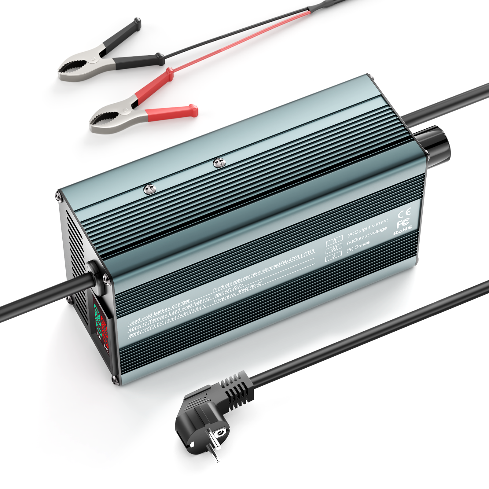 Suraziki 60 V 1–8 A Strom einstellbares Batterieladegerät, funktioniert mit allen Blei-Säure-Batterien (geflutet, versiegelt, AGM, Gel), LCD-Display, Kühlventilatoren, Gehäuse aus Aluminiumlegierung