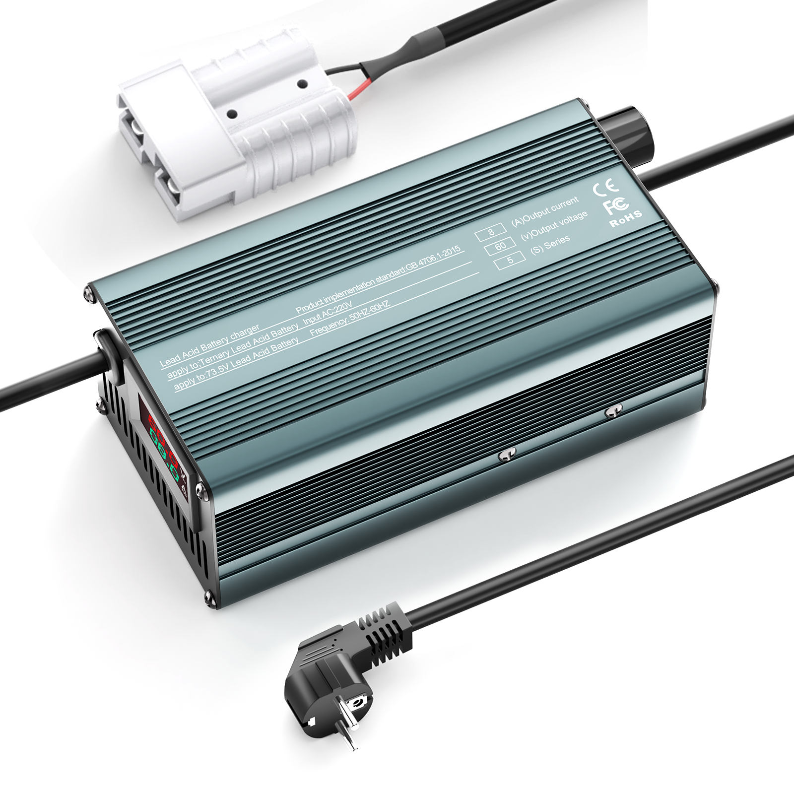Suraziki 60 V 1–8 A Strom einstellbares Batterieladegerät, funktioniert mit allen Blei-Säure-Batterien (geflutet, versiegelt, AGM, Gel), LCD-Display, Kühlventilatoren, Gehäuse aus Aluminiumlegierung
