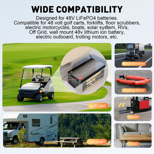 Suraziki 48V 25A litium Lifepo4 -akkulaturi, 58,4 V latausjännite 48 V:lle (51,2 V) 16S Akkukäyttöinen, vedenpitävä, 0 V:n BMS-aktivointi, lukittavalla kaapelilla sähköajoneuvoille, sähköpyörille ja golfkärryille