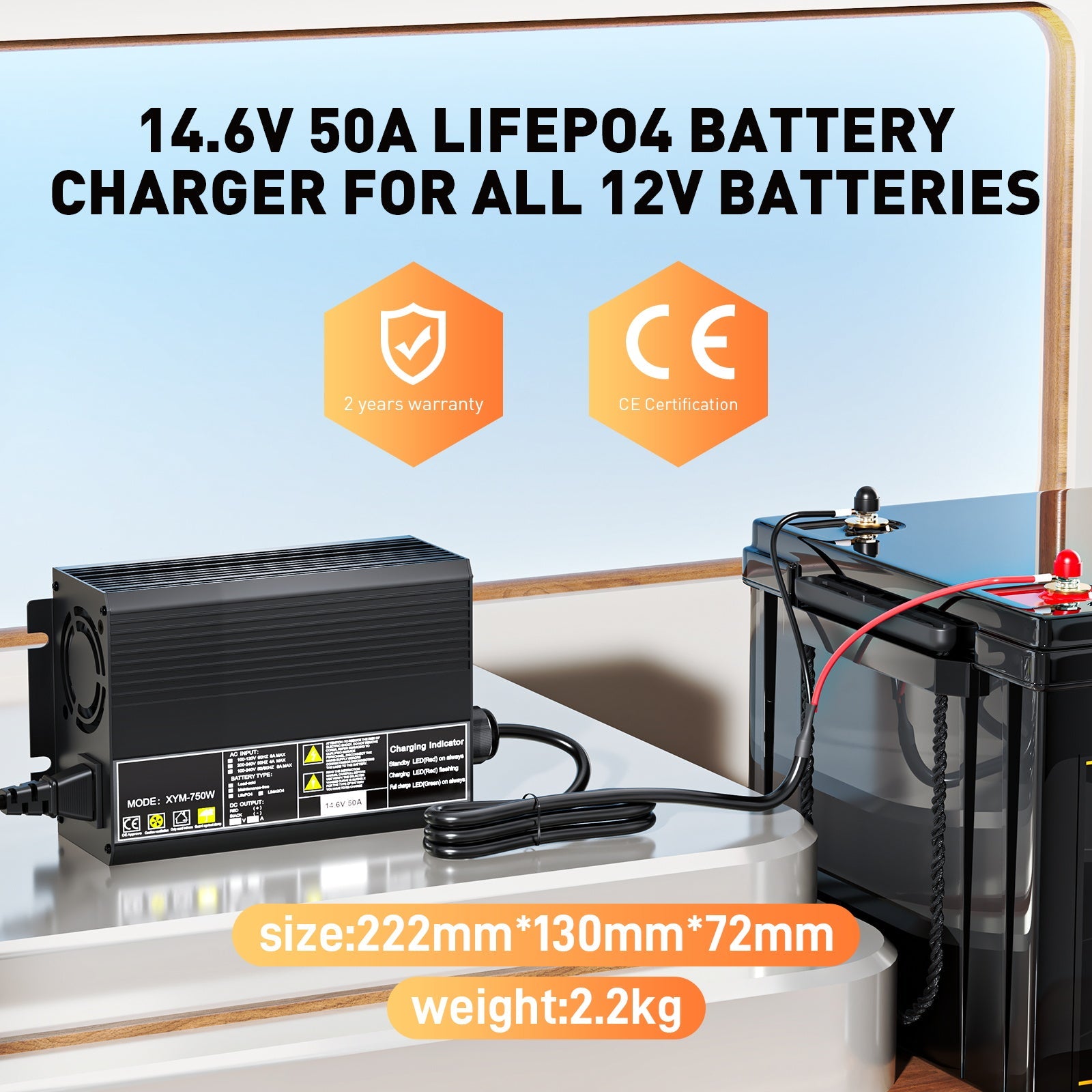 12 V 50 A nopea litium-LiFePO4-akkulaturi, latausjännite 14,6 V, 0 V BMS-aktivoitu, automaattisesti katkaistu, matkailuautojen aurinkoakkulaturi