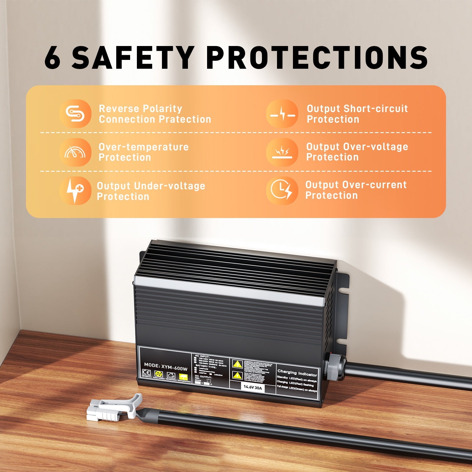 12 V 30 A LiFePO4-akkulaturi, latausjännite 14,6 V, 0 V BMS-aktivoitu, automaattinen katkaisu, Andersonin 50 A:n pikalatausliittimellä