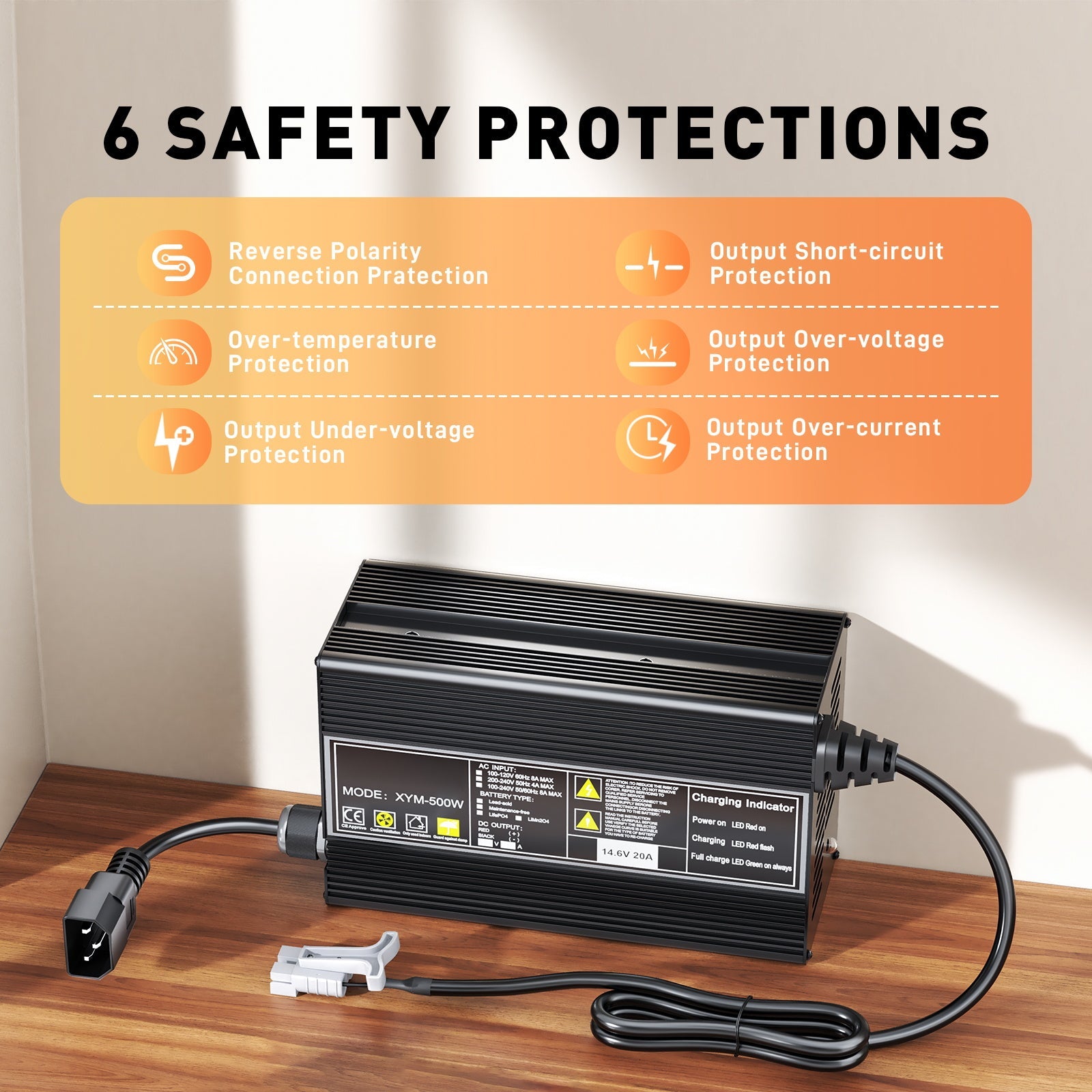 12 V 20 A LiFePO4-akkulaturi, latausjännite 14,6 V, 0 V BMS-aktivointi, Andersonin 50 A:n pikalatausliittimellä